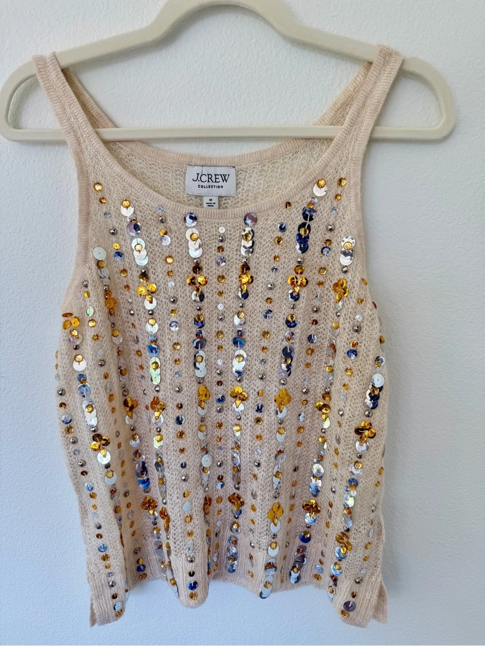 J.Crew Collection Embellished Sequin Pointelle Sweater Tank Beige Size Medium